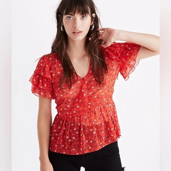 Madewell Tiered-Sleeve Peplum Top in Metallic Prairie Posies size 6 - Picture 2 of 15